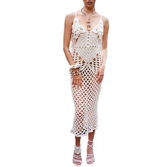 HANDCRAFTED Crochet Macrame Knit Dress Festival Midaxi Swim Cover Cream Tan S 4 - Picture 9 of 11